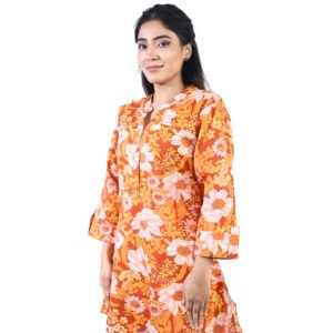 orange floral short printed kurti