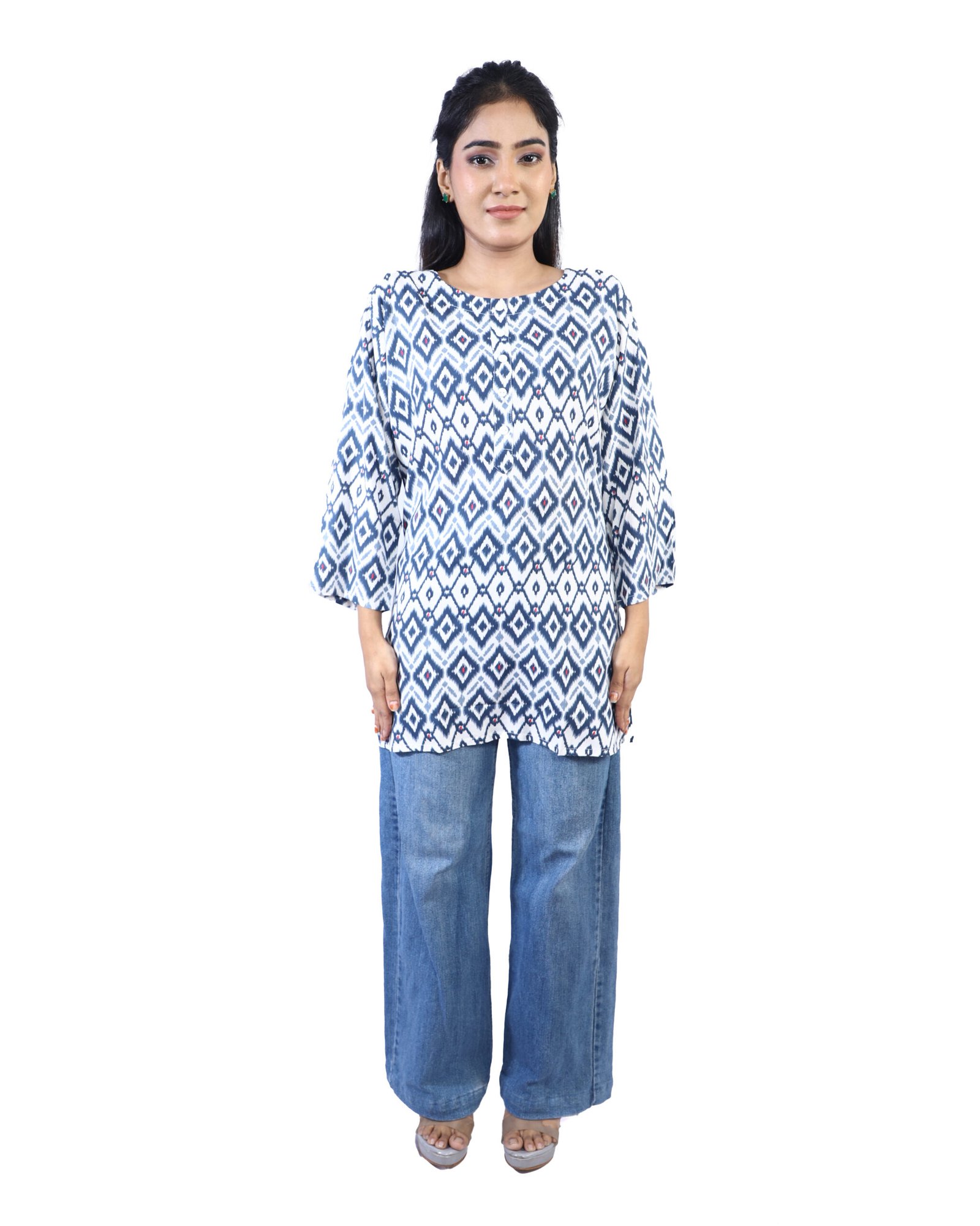 auto draft Blue ikat cotton top for women ethnic daily wear