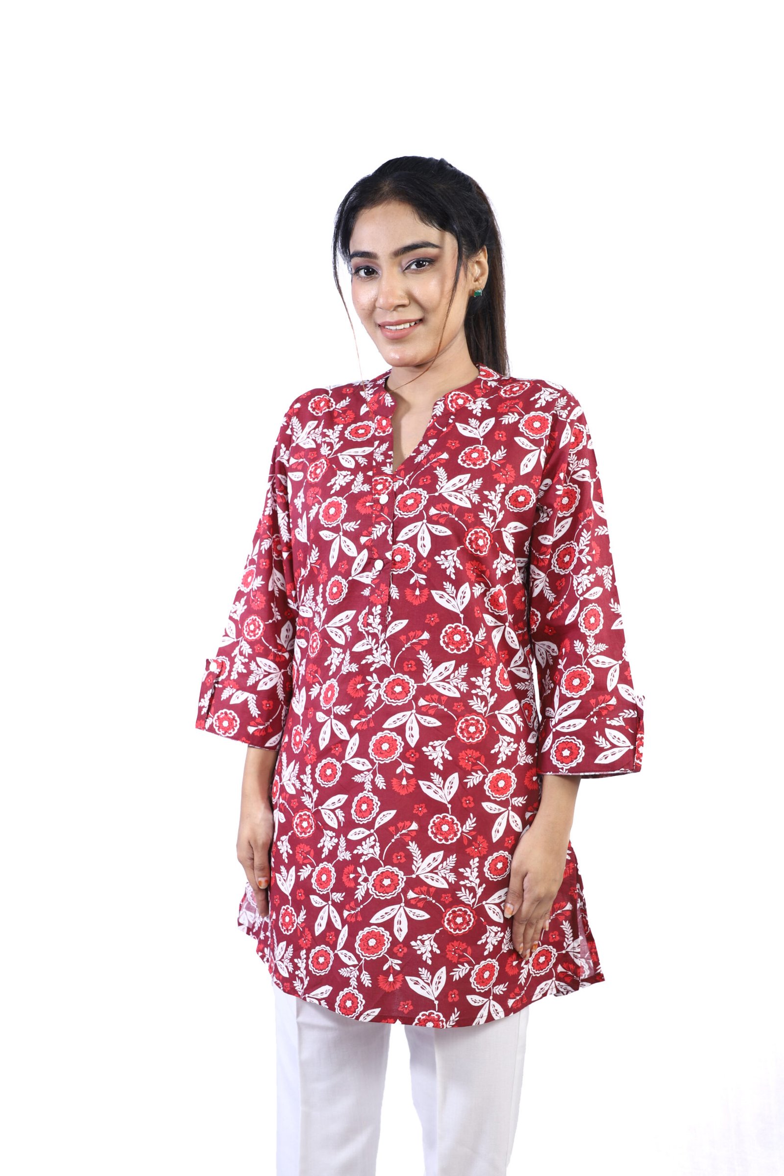 auto draft Red floral cotton kurti for women with elegant printed design – comfortable daily and casual ethnic wear